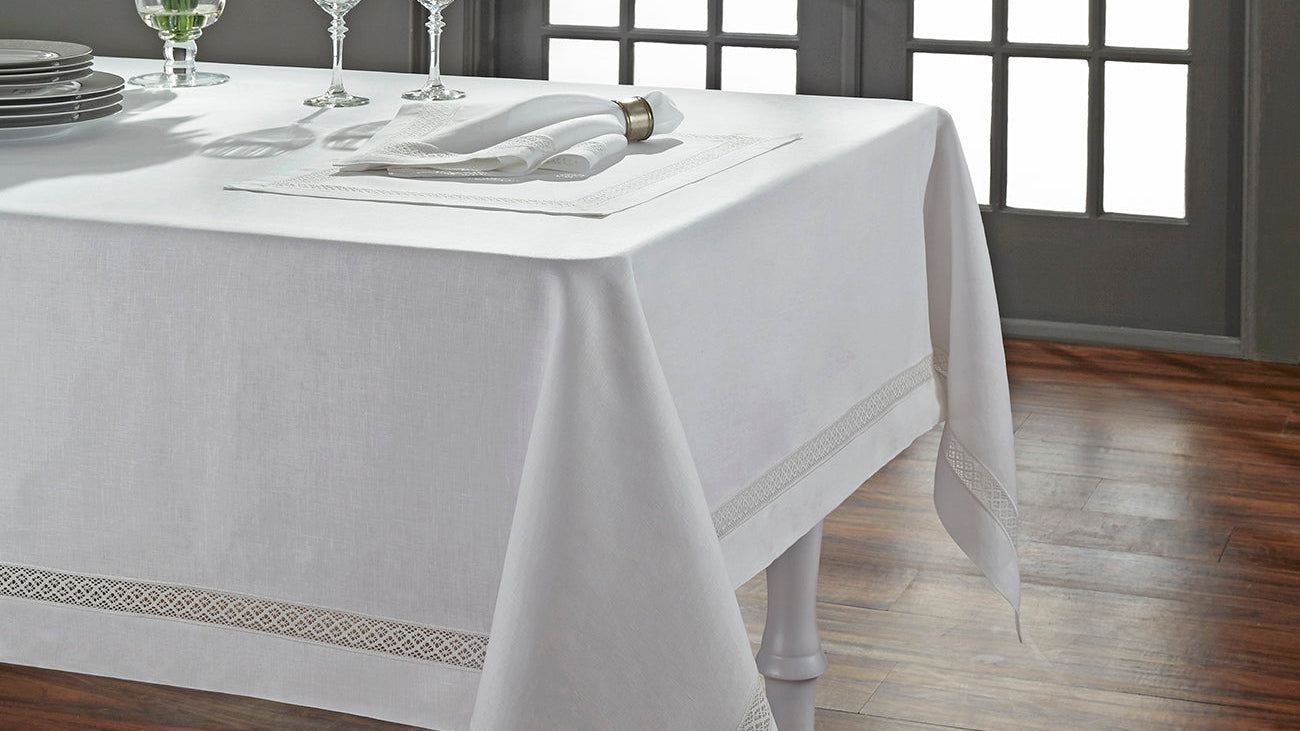 White Tablecloth Fine Linens Fit Table Perfectly in Formal Setting