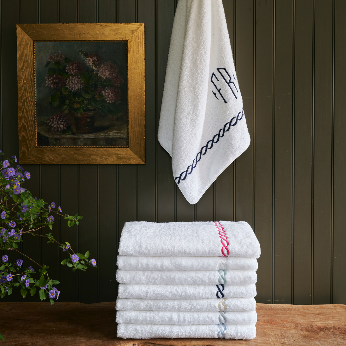 Stack of All Colors of Matouk Classic Chain Bath Towels