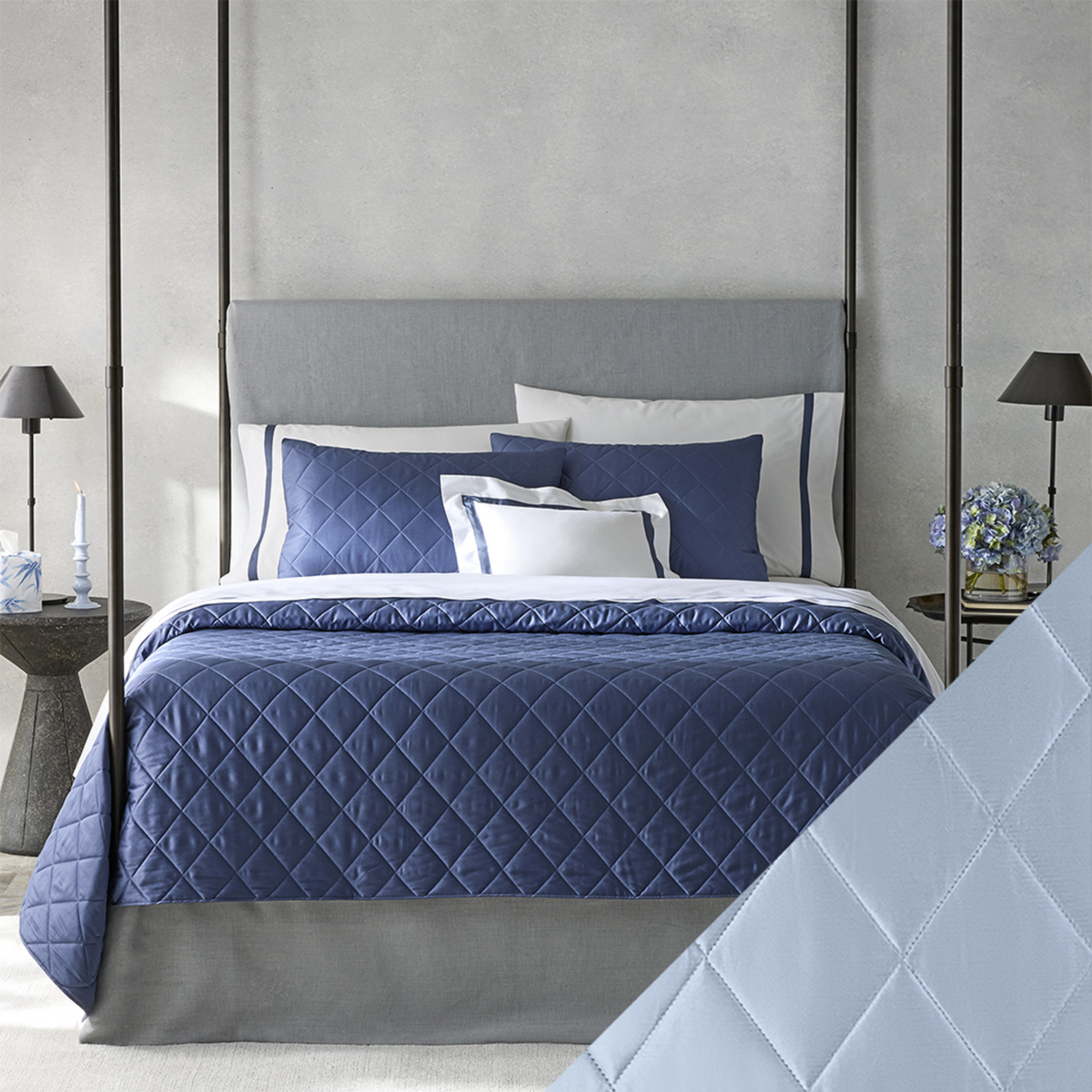 Matouk Nocturne Bedding Main Image with Swatch in Hazy Blue