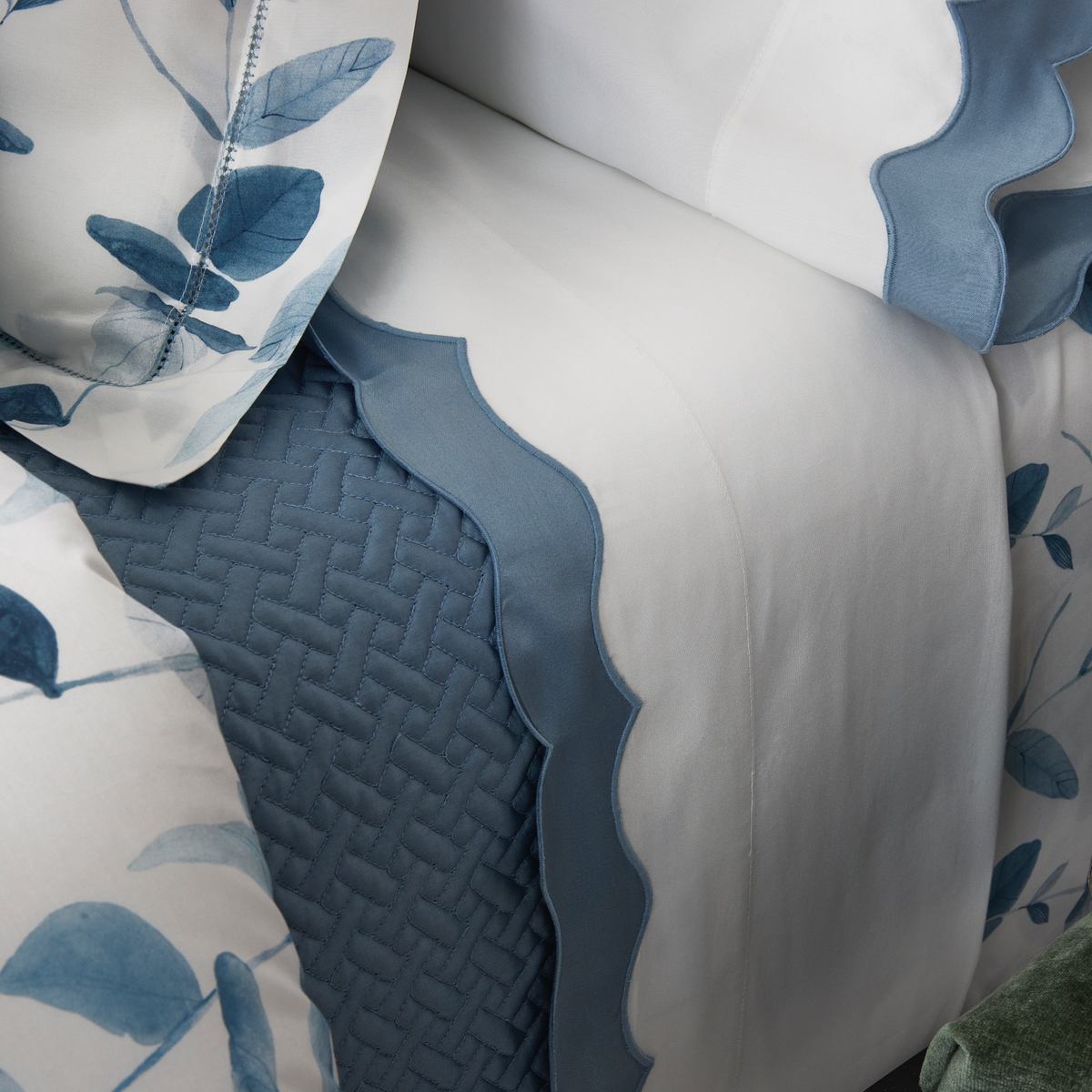 Fabric Detail of Matouk Schumacher Antonia Bedding in Hazy Blue Color