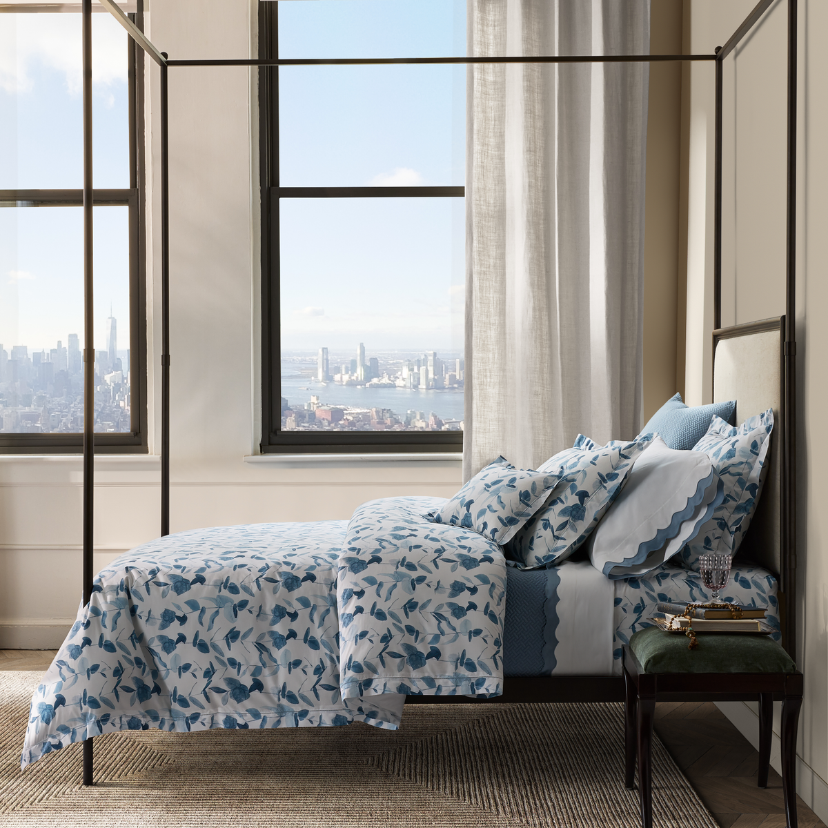 Side View of Full Bed in Matouk Schumacher Antonia Bedding in Hazy Blue Color