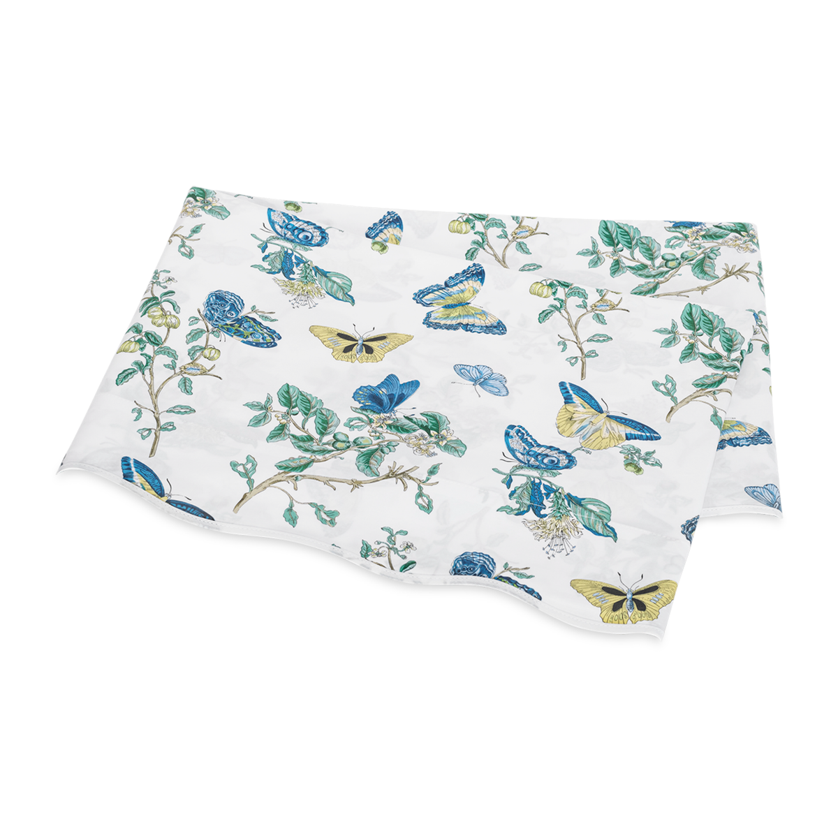 Folded Flat Sheet of Matouk Schumacher Baudin Butterfly Bedding in Prussian Blue