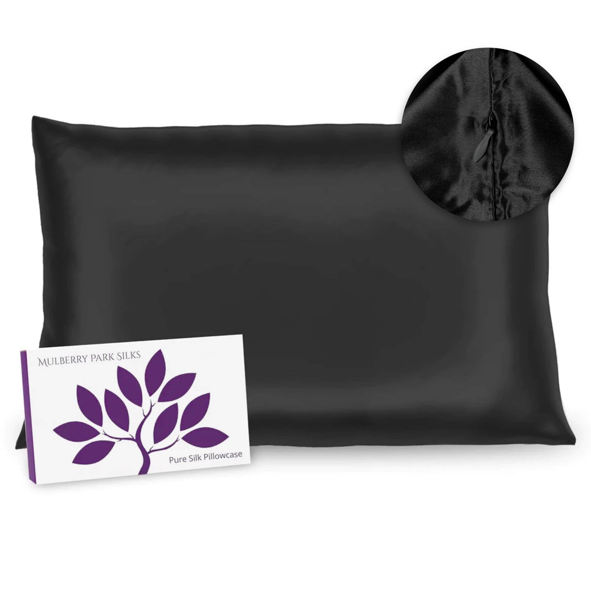 Mulberry Park Silks Deluxe 19 Momme Pure Silk Pillowcase in Black Color with Box