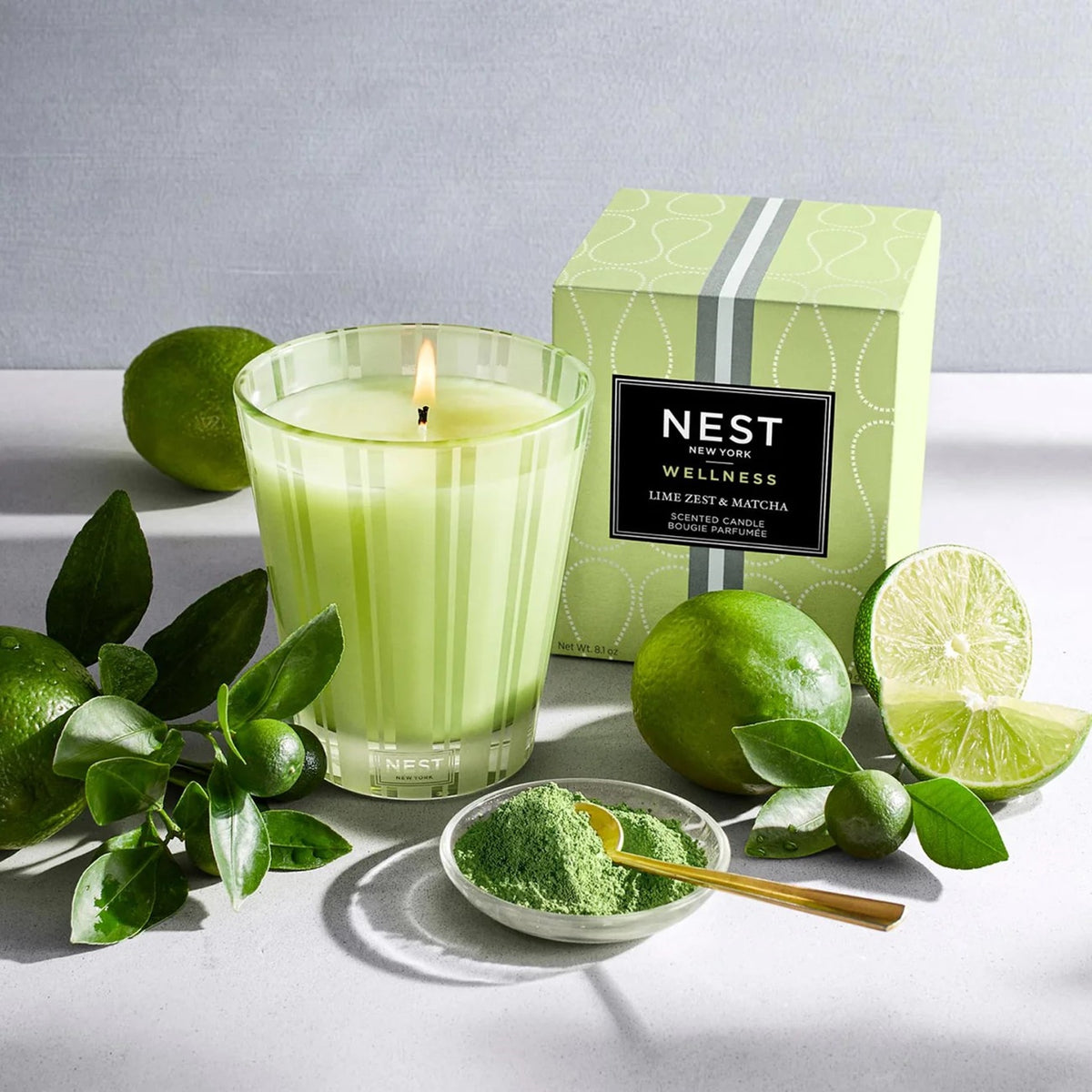 Topview Lifestyle Photo of Nest New York’s Lime Zest &amp; Matcha Classic Candle with Box