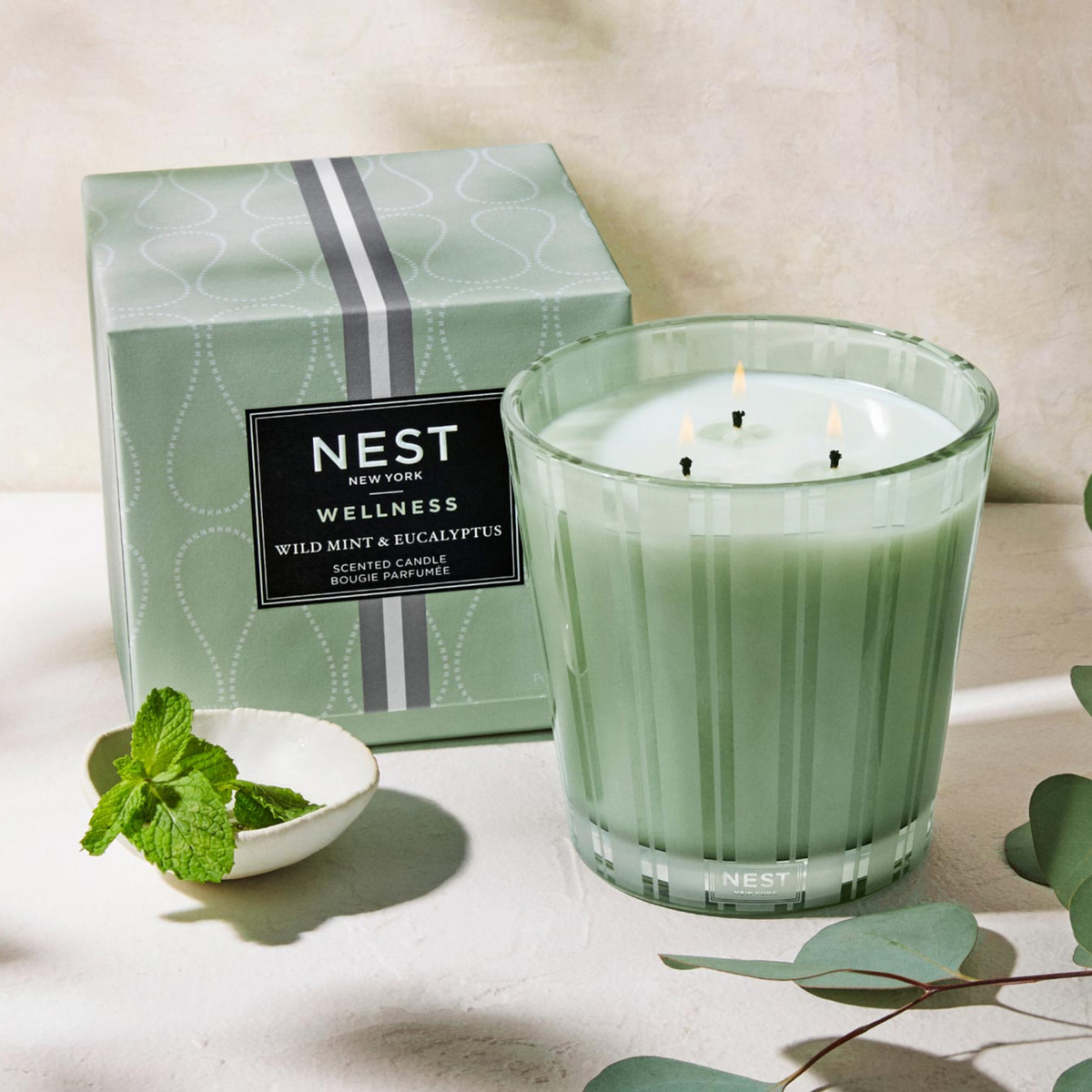 Lifestyle of Nest New York Wild Mint &amp; Eucalyptus 3-Wick Candle with Box