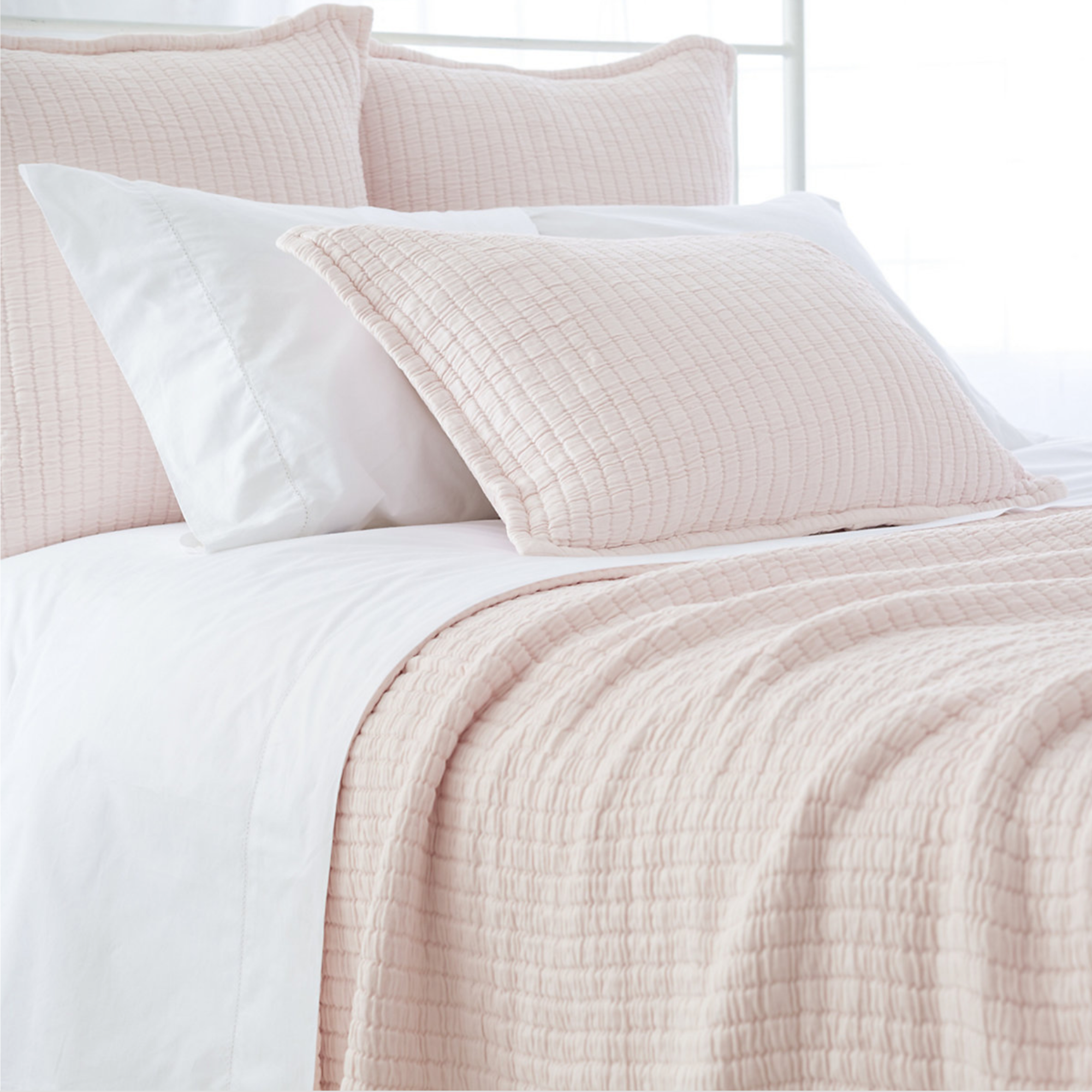 Closeup of Bed in Slipper Pink Pine Cone Hill Boyfriend Matelassé Coverlet & Shams