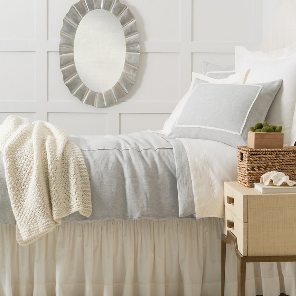 Lifestyle Shot of Pine Cone Hill Keaton Linen Bedding in Color Sky