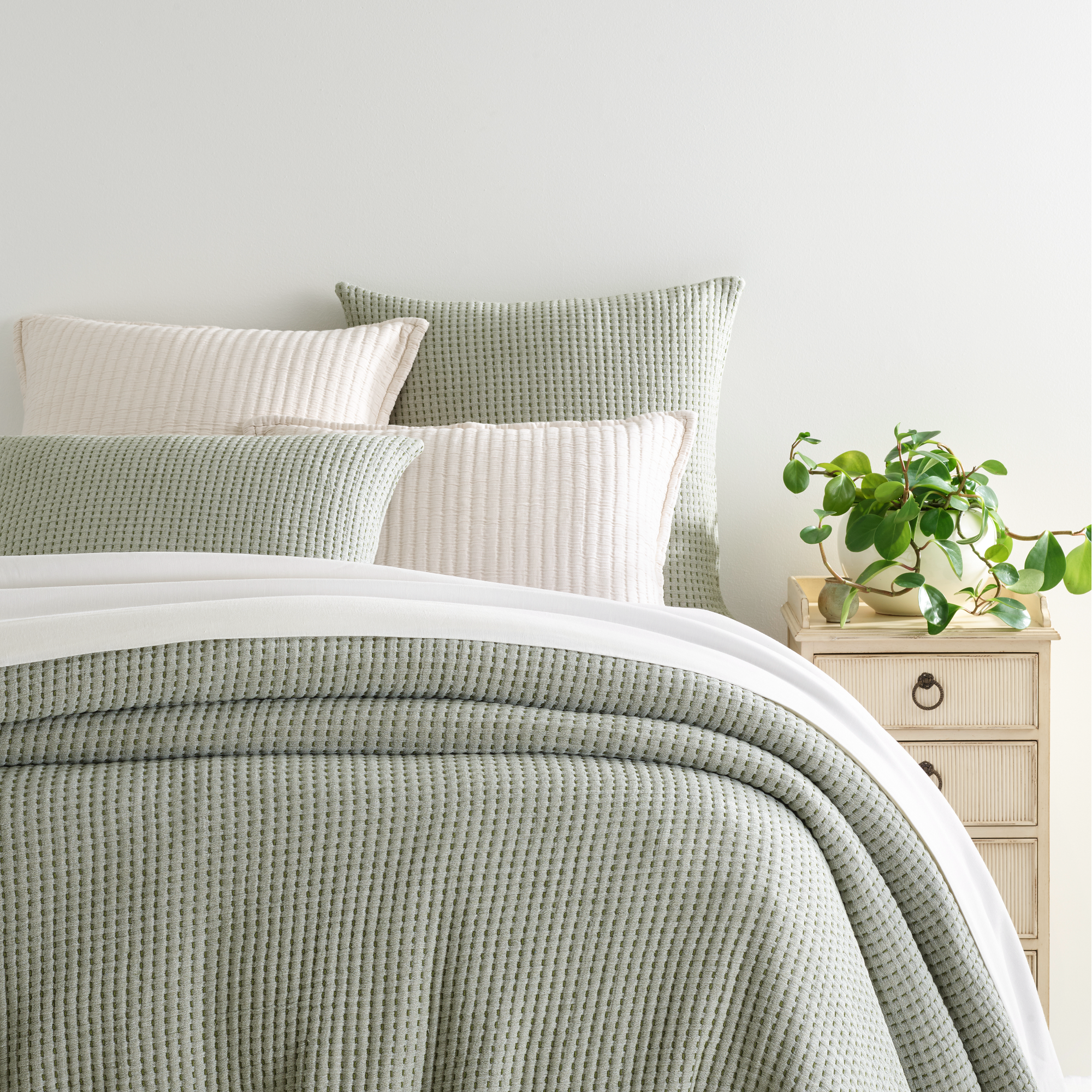 Bed Dressed in Evergreen Pine Cone Hill Pick Stitch Matelassé Coverlet & Shams