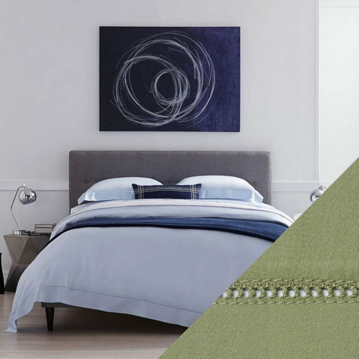 Full Lifestyle Image of Sferra Fiona Bedding with Swatch of Willow