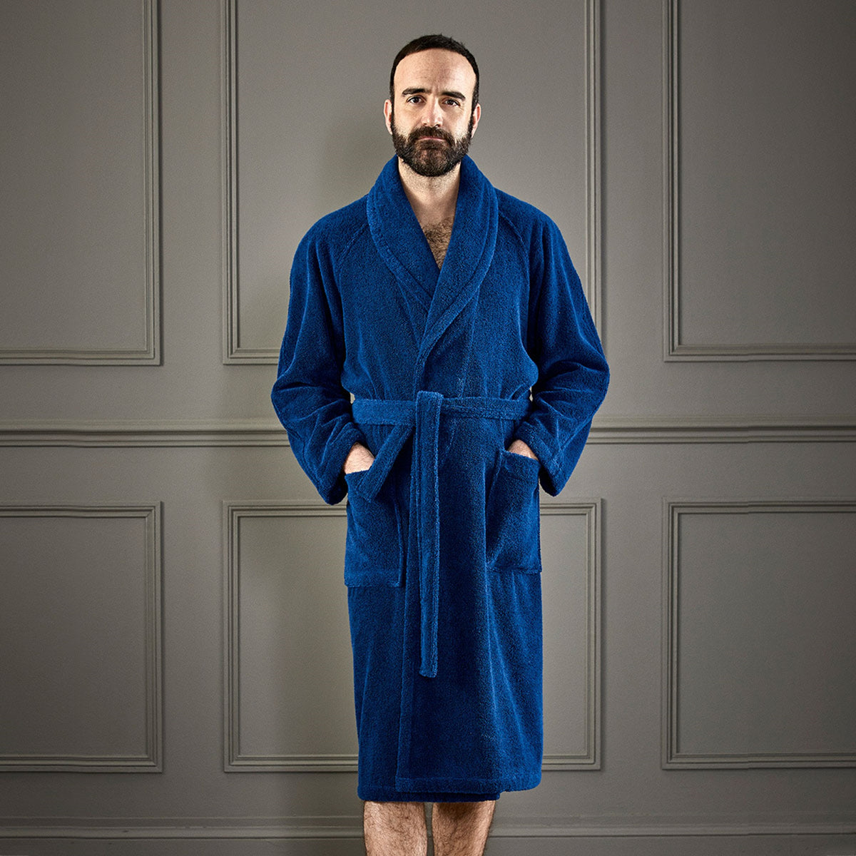 Model Dressed in Yves Delorme Etoile Bath Robe in Color Marine