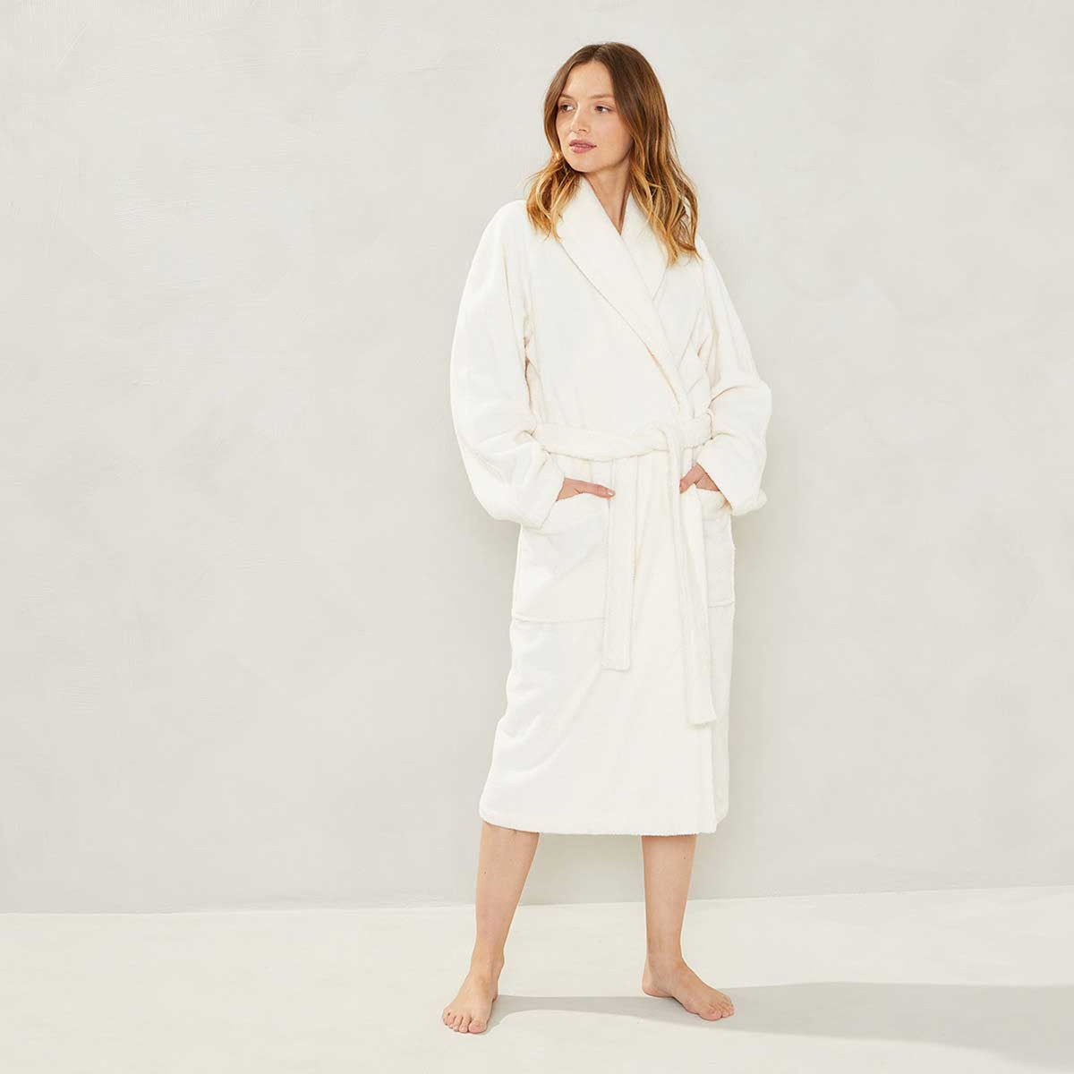 Model Wearing Yves Delorme Etoile Bath Robe in Nacre Color