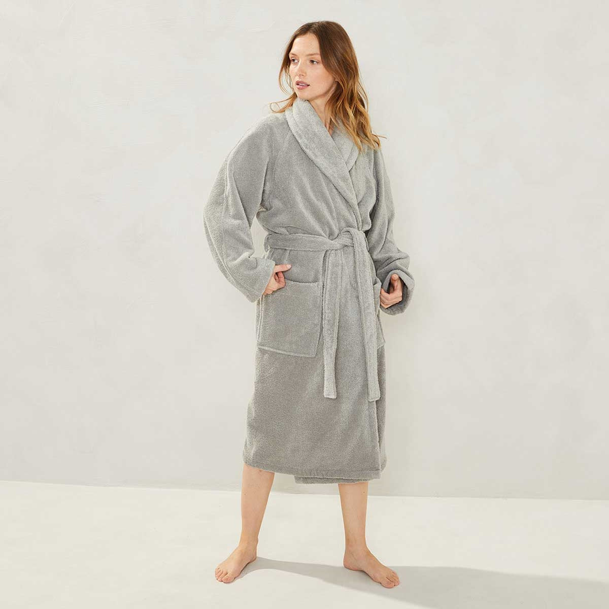 Model Wearing Yves Delorme Etoile Bath Robe in Platine Color