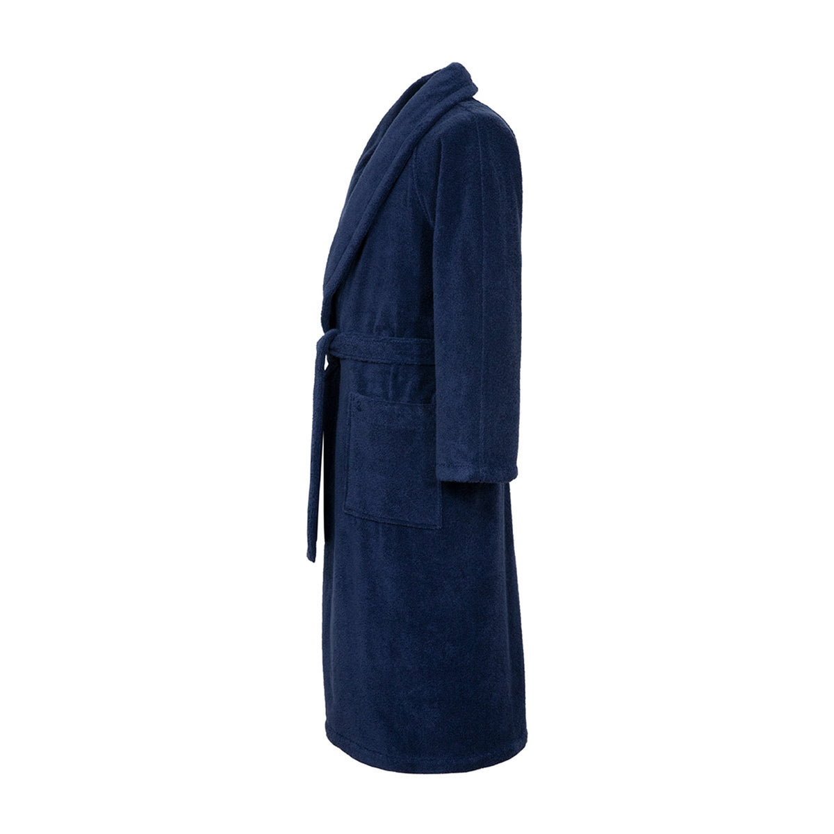 Side View of Yves Delorme Etoile Bath Robe in Color Marine