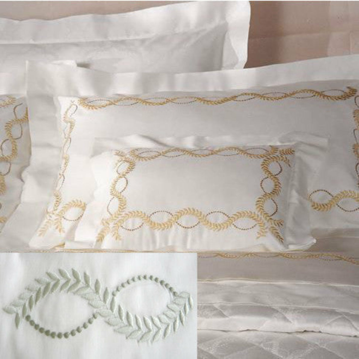 Dea Diana Embroidered Bedding Main Ivory/Celadon Green Fine Linens