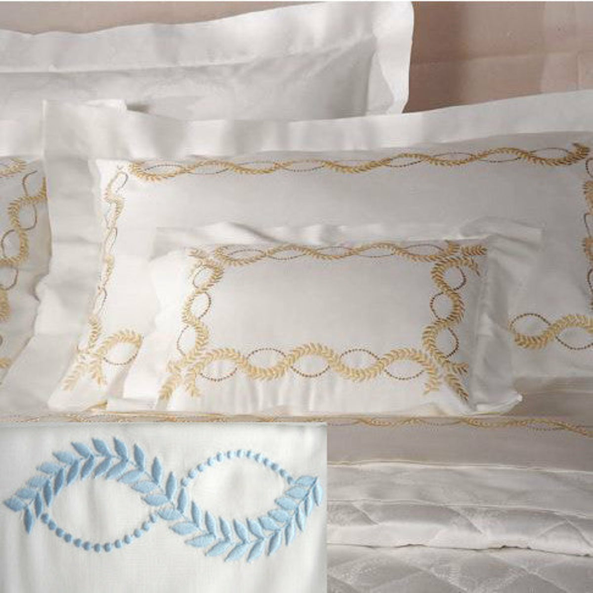 Dea Diana Embroidered Bedding  Ivory/Light Blue Fine Linens