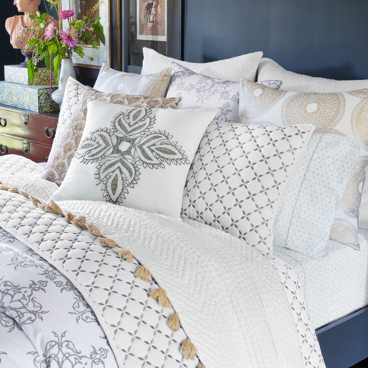 Full Bedding Combination with John Robshaw Layla Collection Gray Color