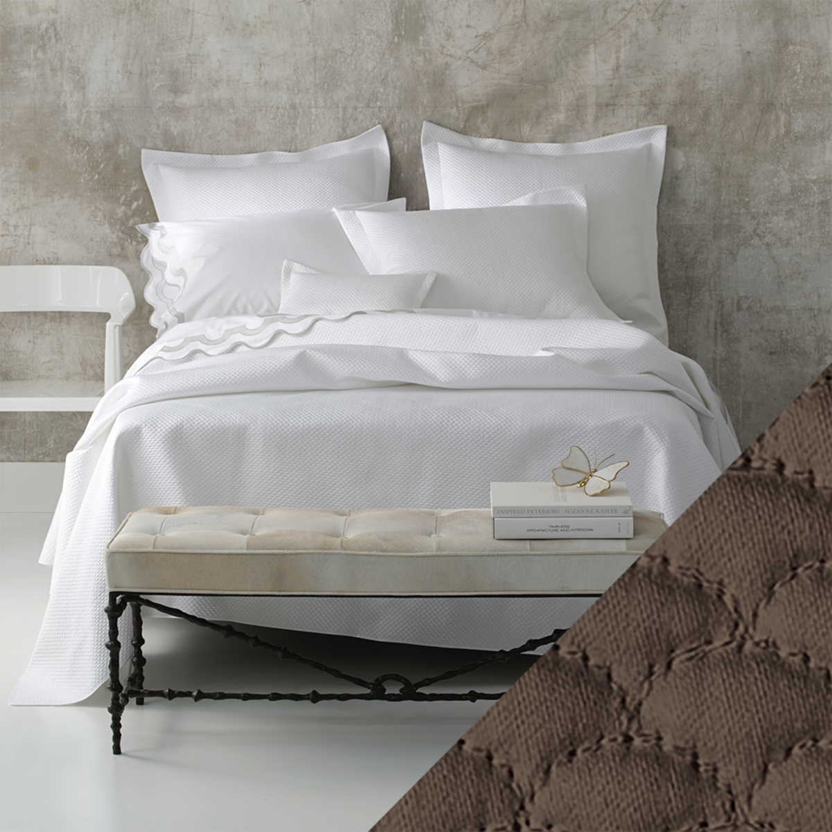 Full View of Matouk Alba Bedding with Sable Color Sample