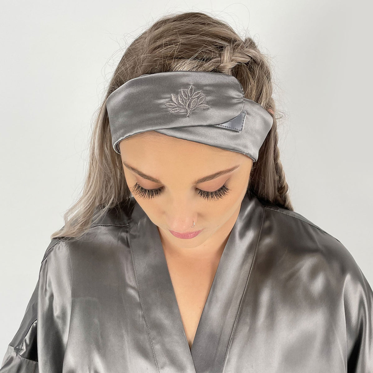 Woman wearing a Gunmetal Silk Glam Band from Mulberry Park Silks