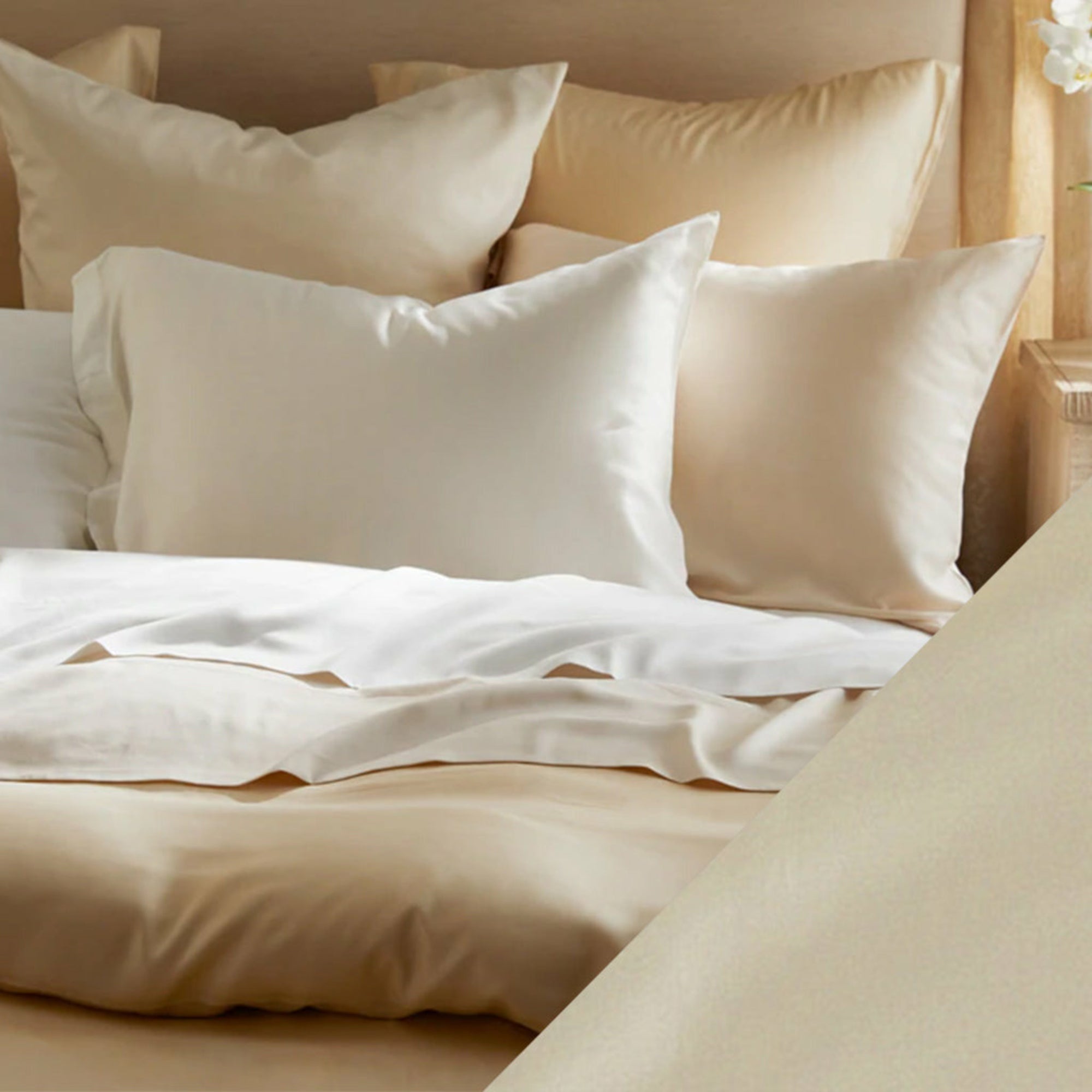 Main Lifestyle of SDH Legna Classic Bedding with Swatch of Parchment