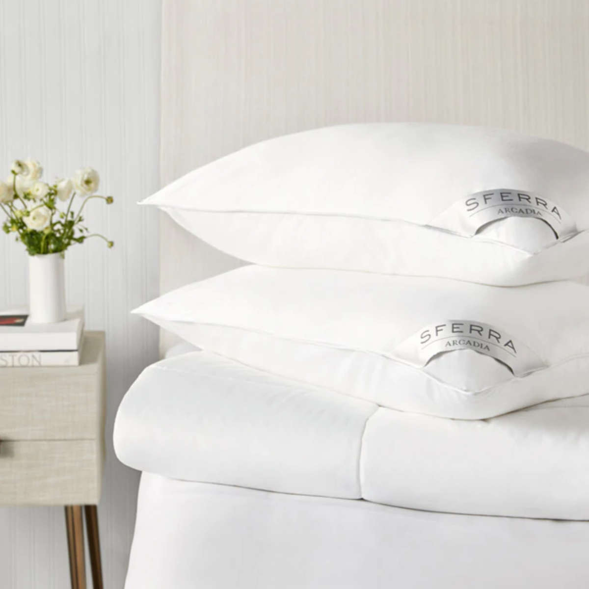 Sferra Arcadia Down Alternative Pillows on Stack Fine Linens