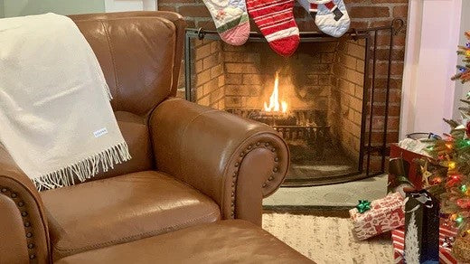 Celebrate in Style: Our Top Linen Picks for the 2020 Holiday Season Fireplace Christmas Stockings Recliner Christmas tree Gifts Throw