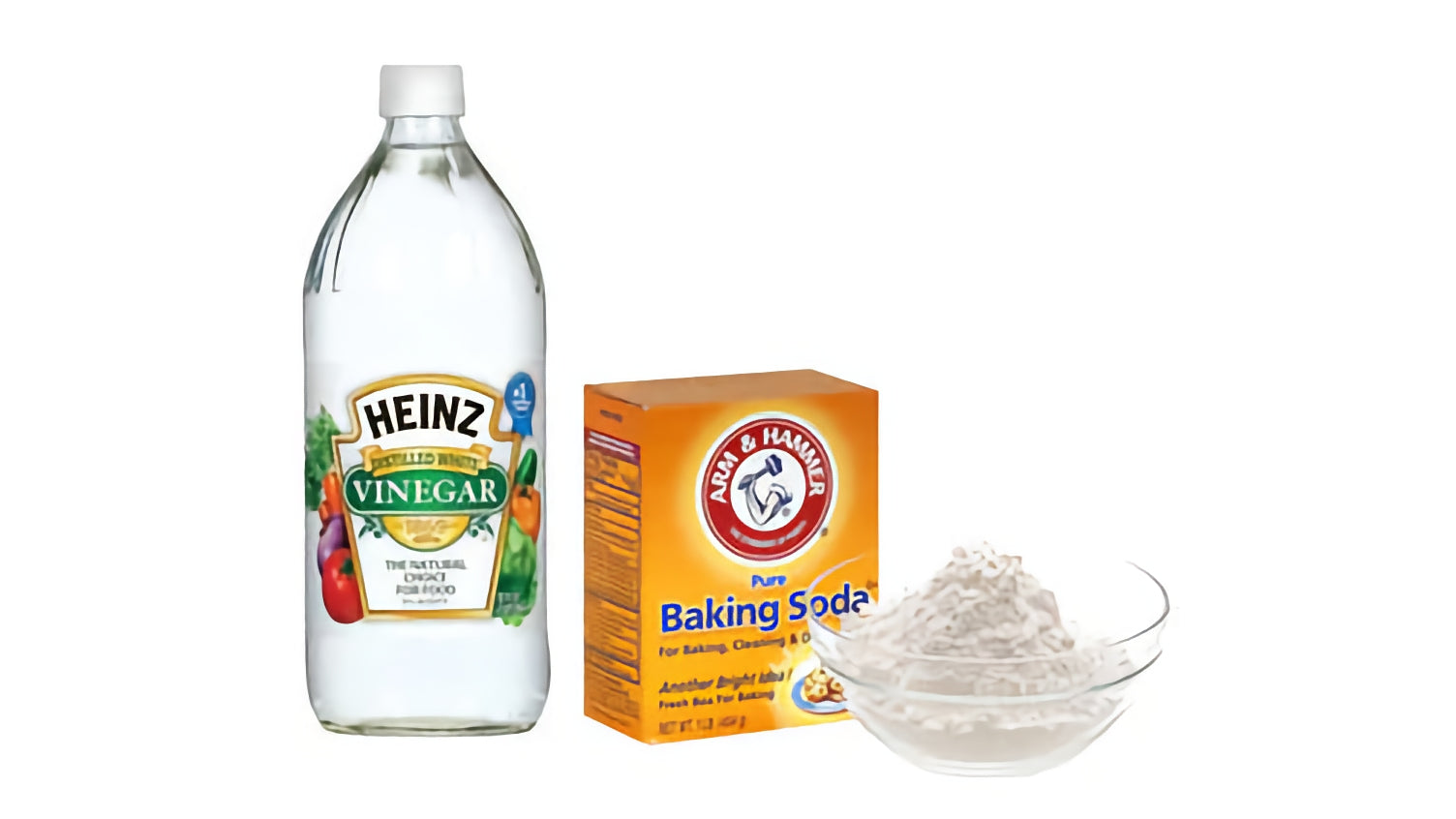 A bottle of vinegar beside a box of baking soda