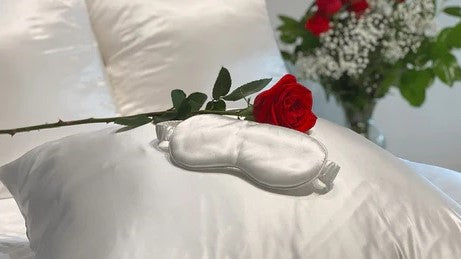 Silk Bedding, Pillowcases and Accessories are Perfect for Your Loved Ones on Valentine's Day Red Rose with Sleep Mask on Pillow Fine Linens on Bed