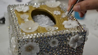 Mike and Ally Swarovski Porto Bath Accessories Boutique Tissuebox Gold Leaf Handicraft Flowers Studs Sparkles