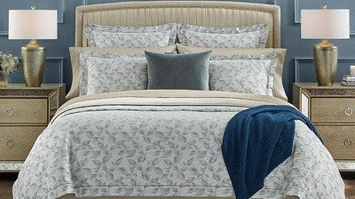 THE FALL 2021 COLLECTION FROM SFERRA Printed Bedding Pillows on Bed Nightstands Lamps Fine Lines