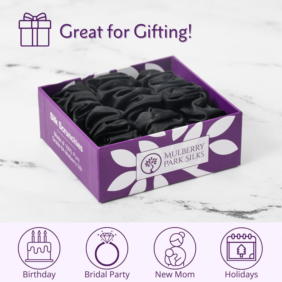 Mulberry Park Silks Pure Silk Scrunchies - Midnight Black