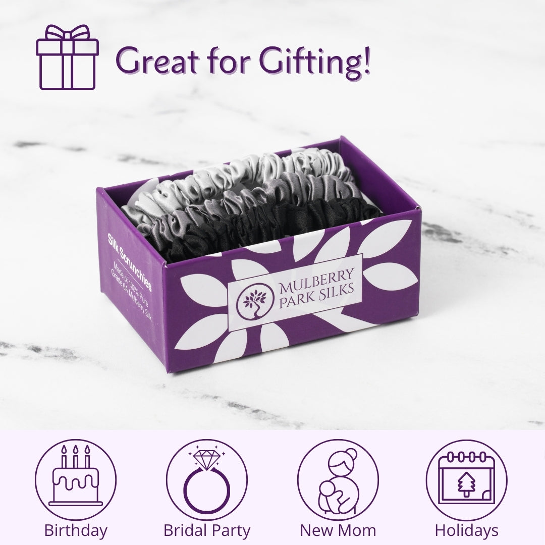 Mulberry Park Silks Pure Silk Scrunchies - Black, Silver, Grey