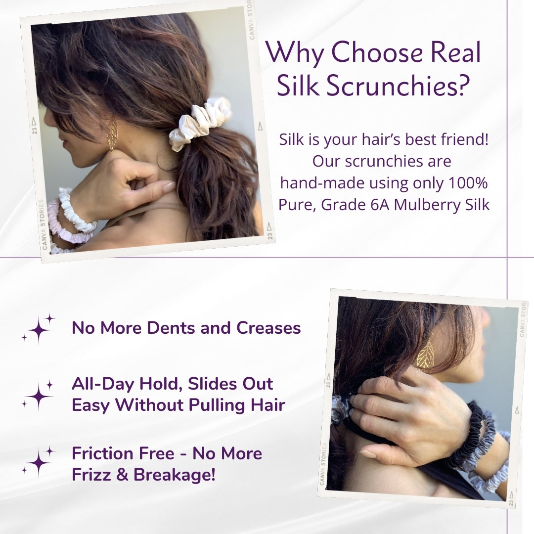 Mulberry Park Silks promotional graphic of a woman showcasing Silk Scrunchies - Copper, highlighting benefits: no dents, all-day hold, and friction-free for healthy hair.