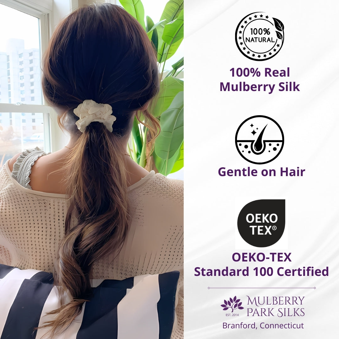Mulberry Park Silks' silk scrunchie in a woman's low ponytail, emphasizing hair health benefits like gentleness and natural composition, alongside product feature icons and brand details.