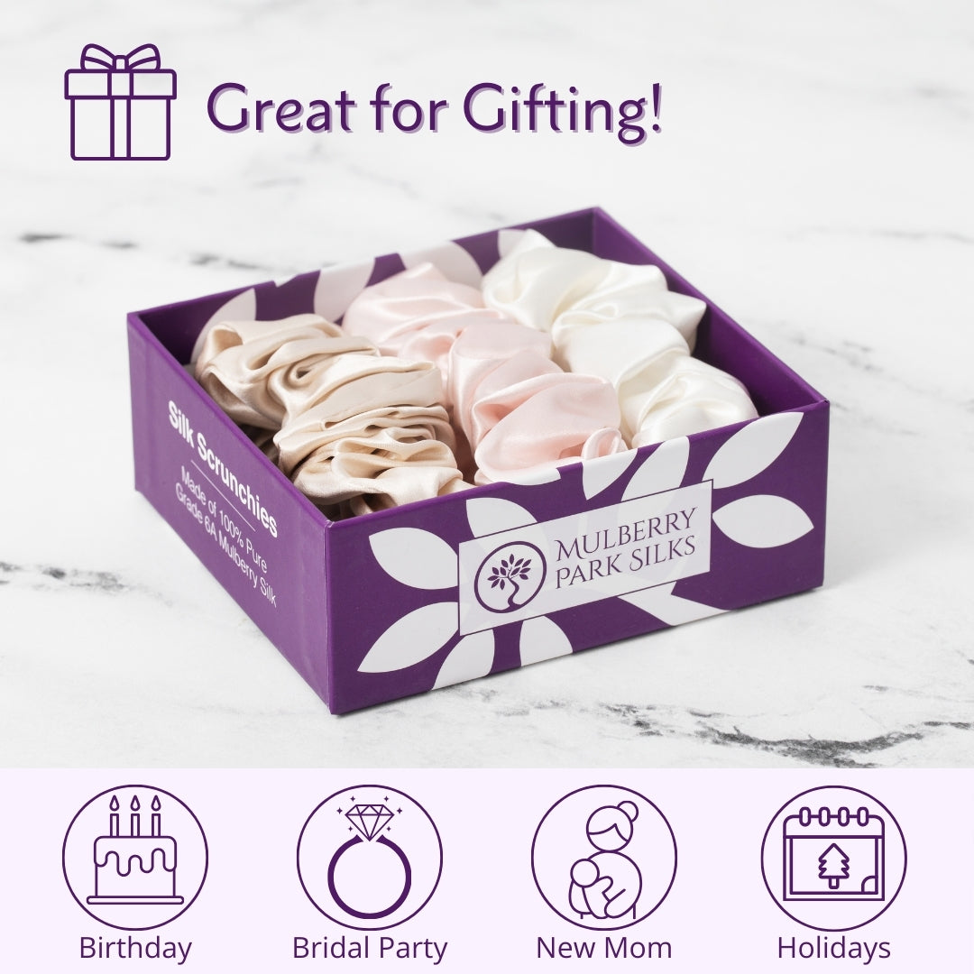 Mulberry Park Silks Pure Silk Scrunchies - Ivory, Pink, Sand