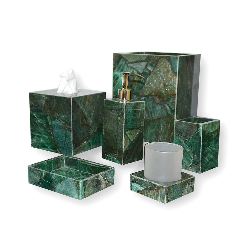 A set of six green aventurine bath accessories, including trays, tissue box, soap dispenser, and tumbler.