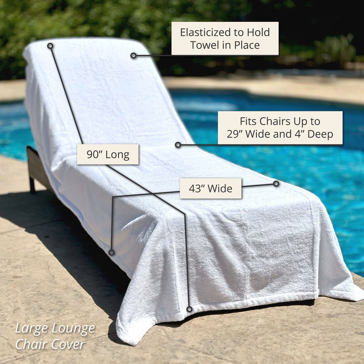 Luxury Resort Lounge Chair Towel Cover with elasticized edges fits a 90"x43" poolside lounge chair perfectly.