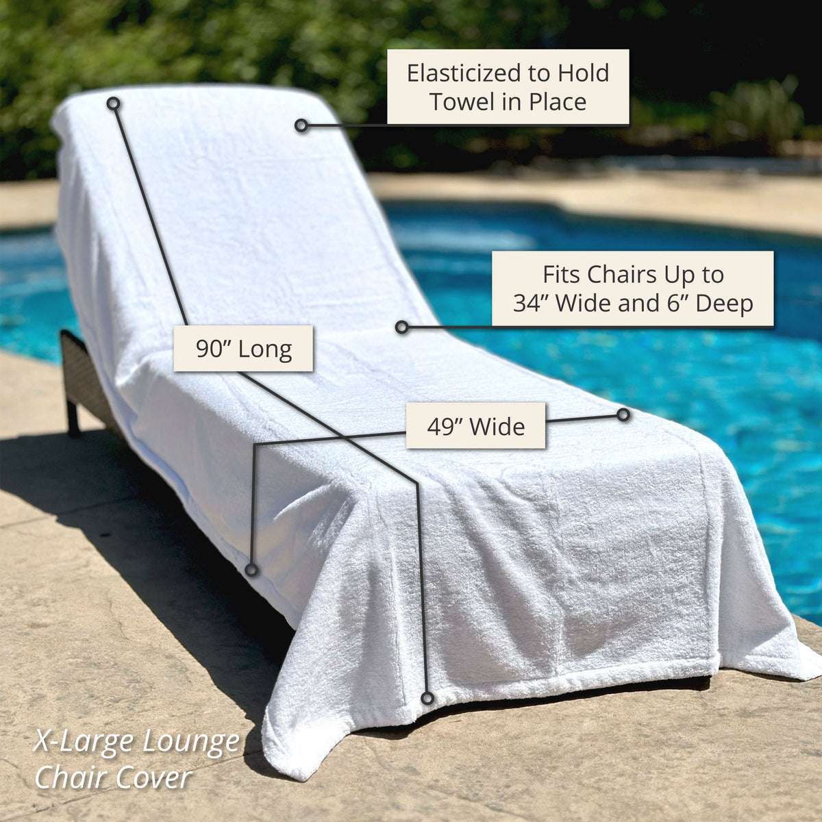 A white Turkish Cotton Lounge Chair Cover with elasticized top and labeled dimensions, perfect for poolside relaxation.