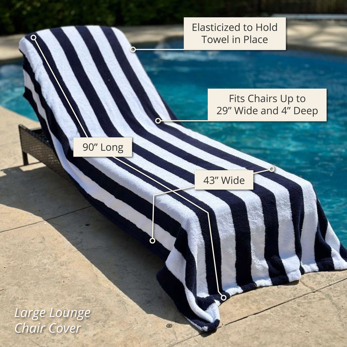 A Turkish Cotton Lounge Chair Cover on a poolside chair with labeled dimensions and features in white text.