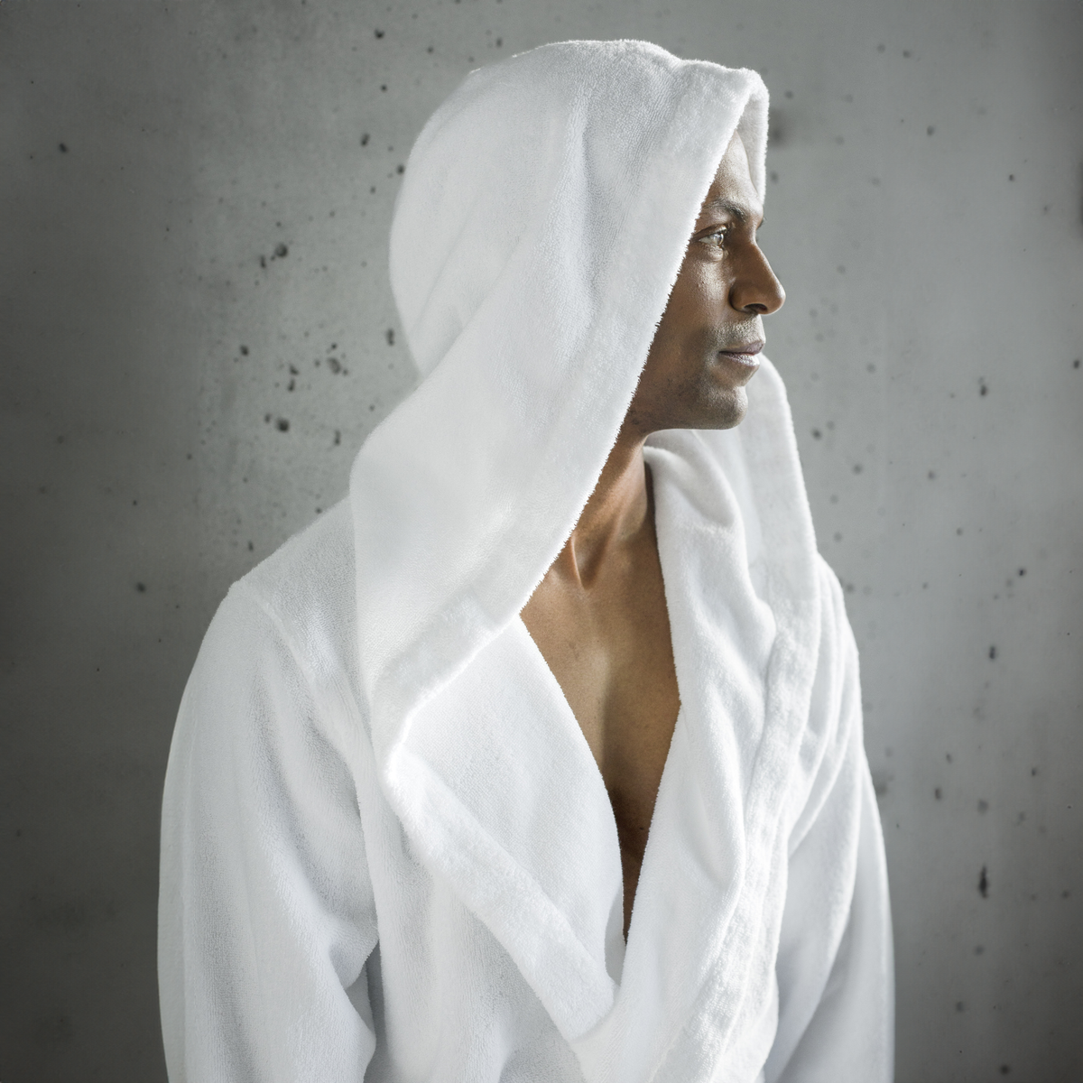 Sideview of Model Wearing Abyss Alex Bath Robes in White Color