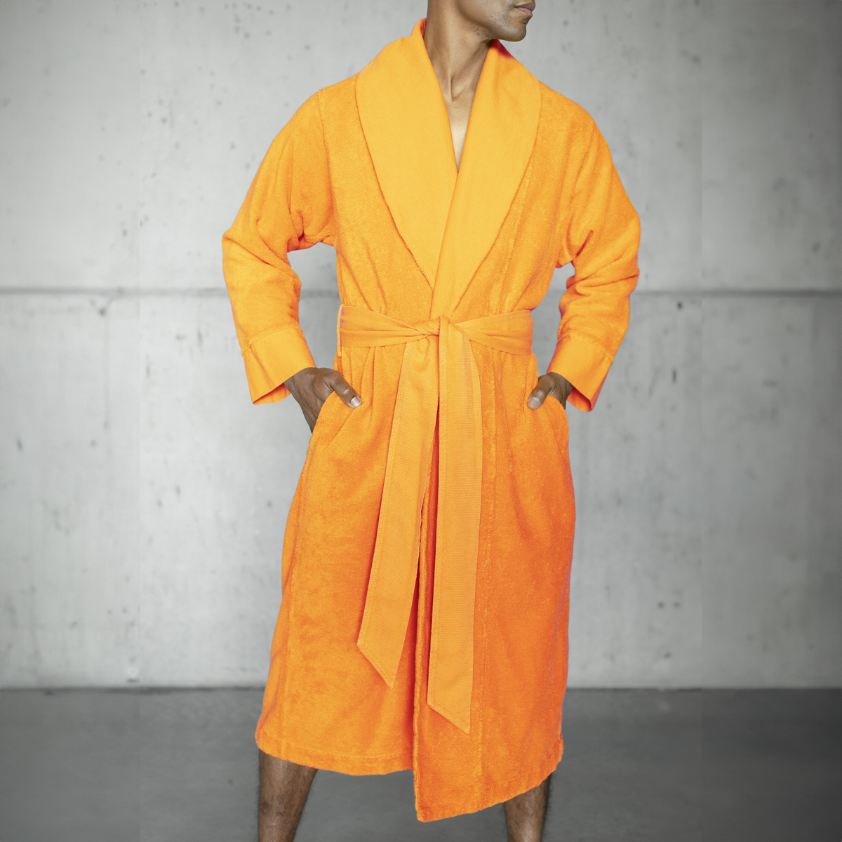 Model Wearing a Abyss Amigo Bath Robe in Sand Color