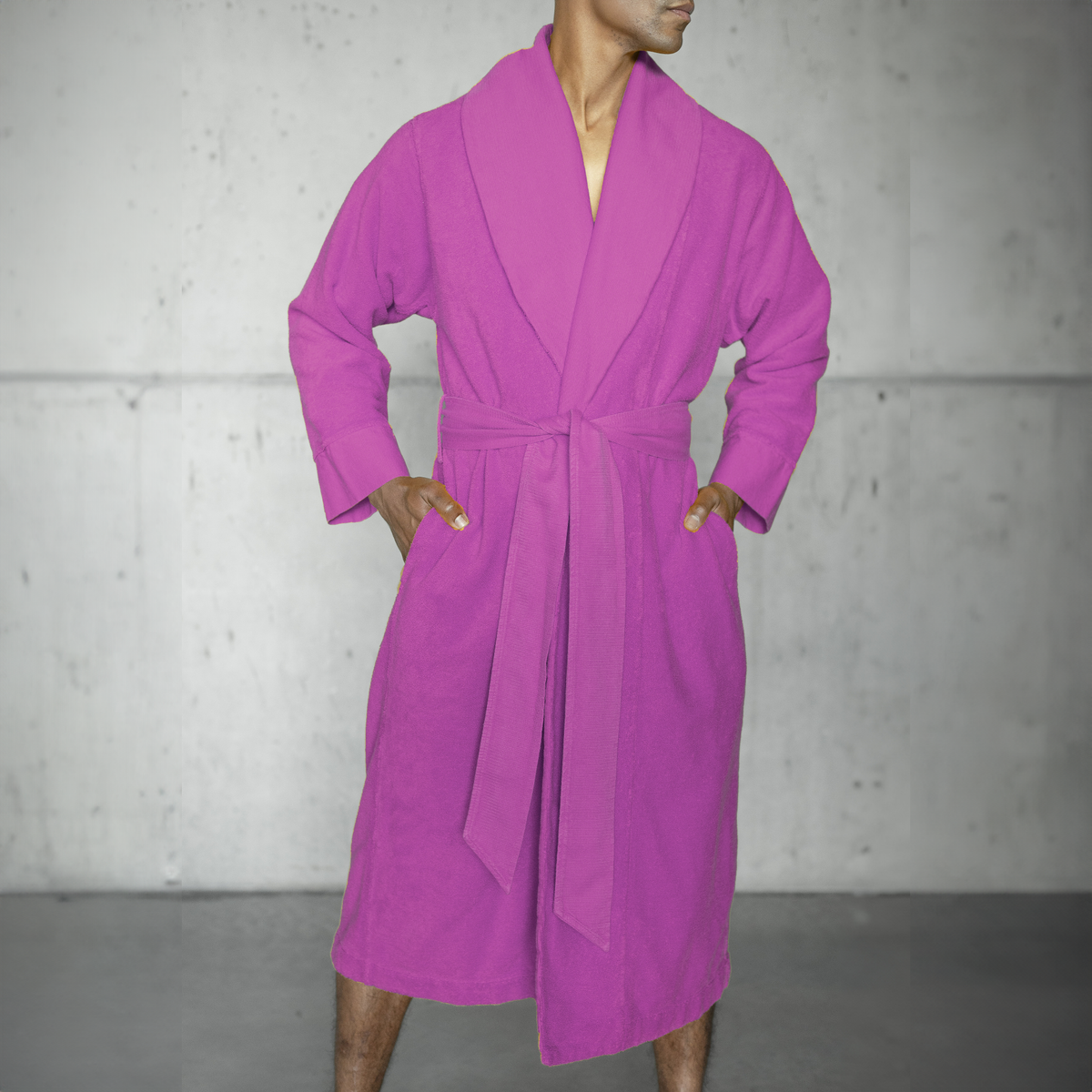 Model Wearing a Abyss Amigo Bath Robe in Happy Pink Color