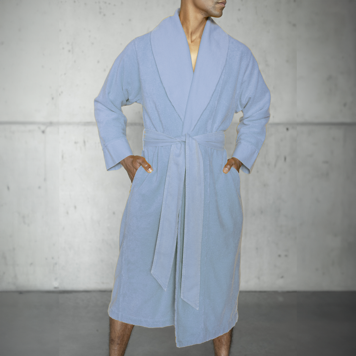 Model Wearing a Abyss Amigo Bath Robe in Powder Blue Color