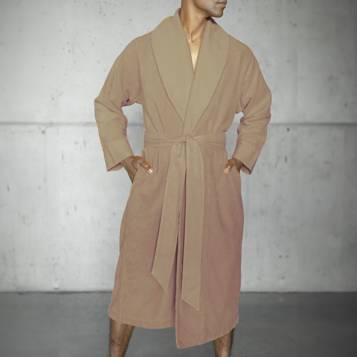 Model Wearing a Abyss Amigo Bath Robe in Sand Color