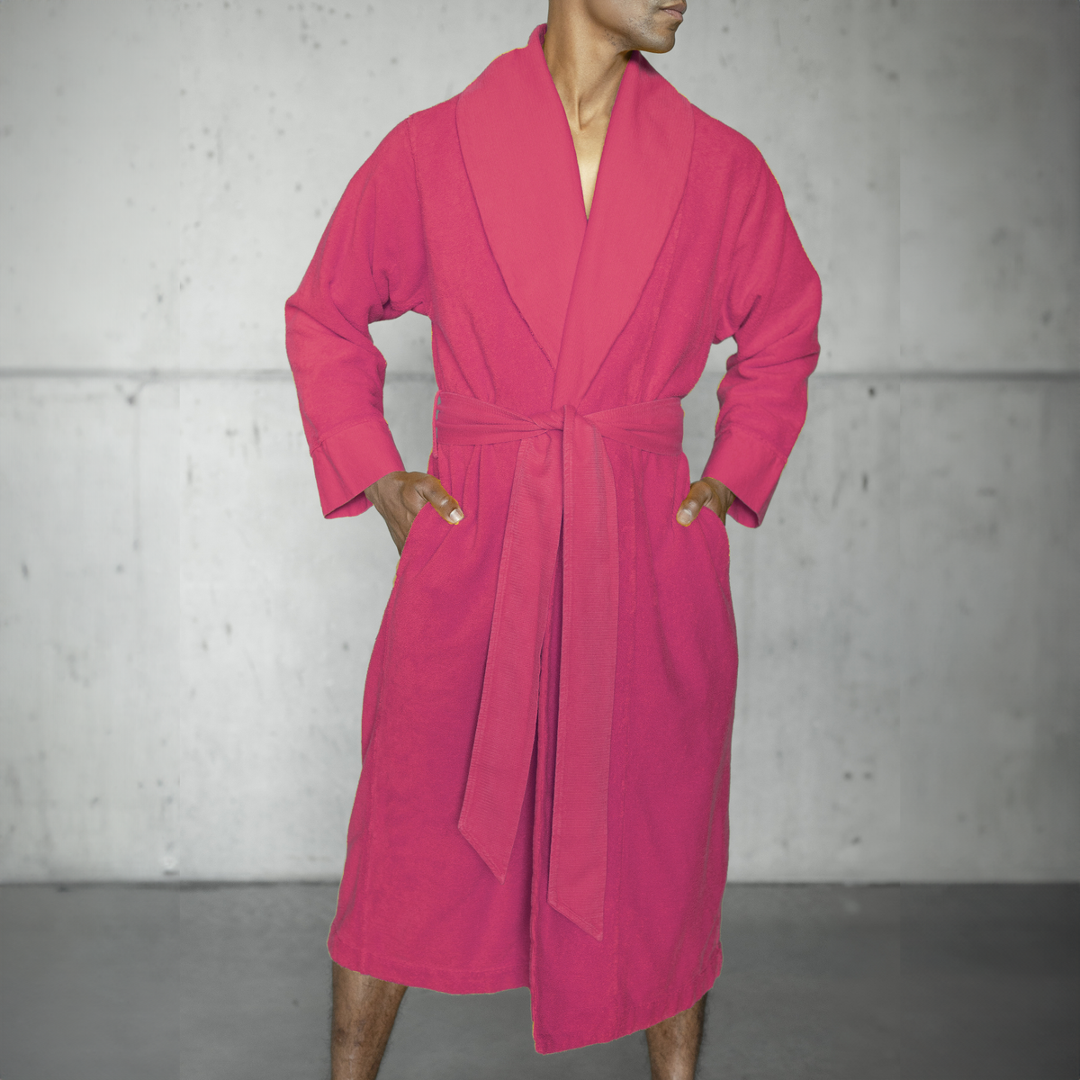 Model Wearing a Abyss Amigo Bath Robe in Viva Magenta Color