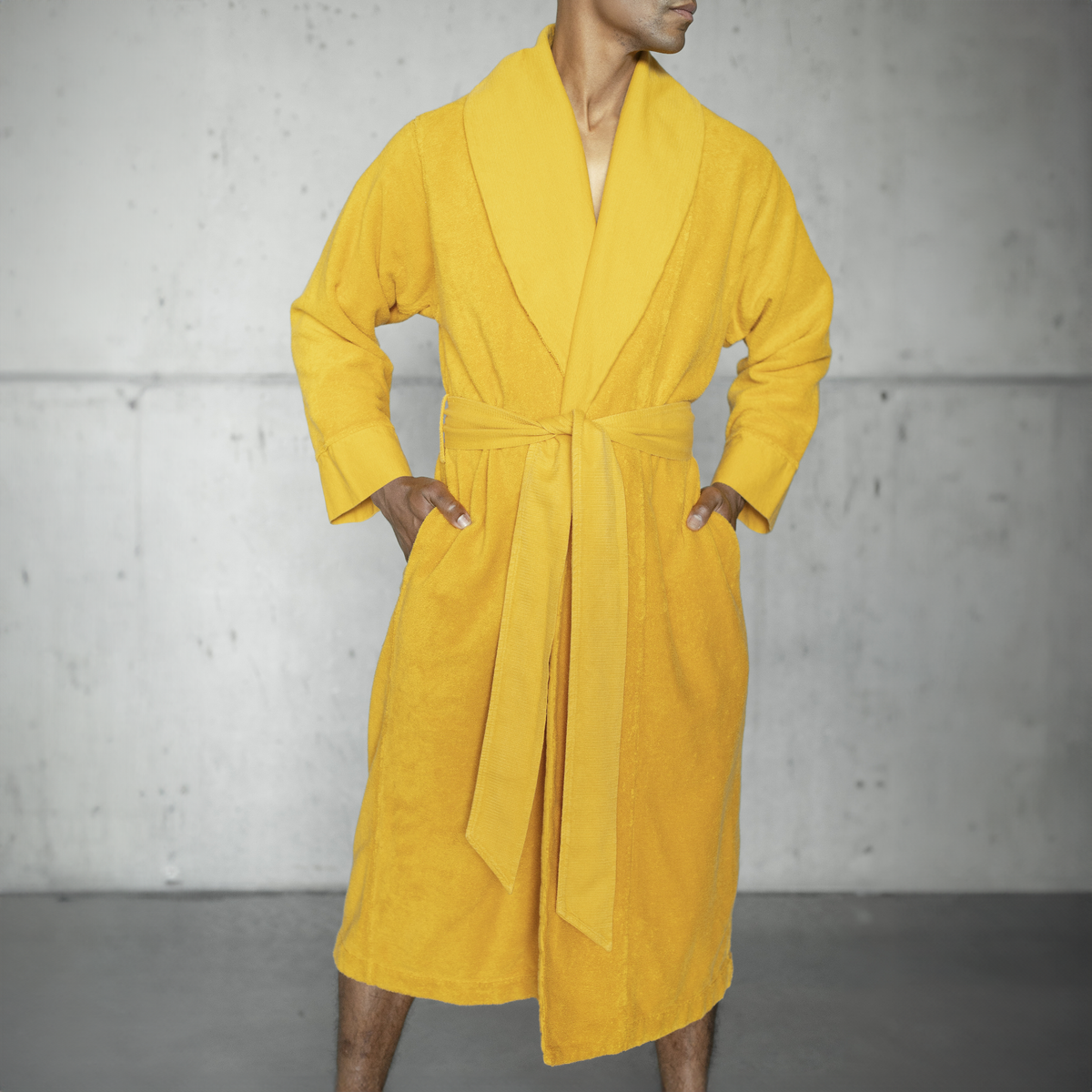 Model Wearing a Abyss Amigo Bath Robe in Yuzu Color