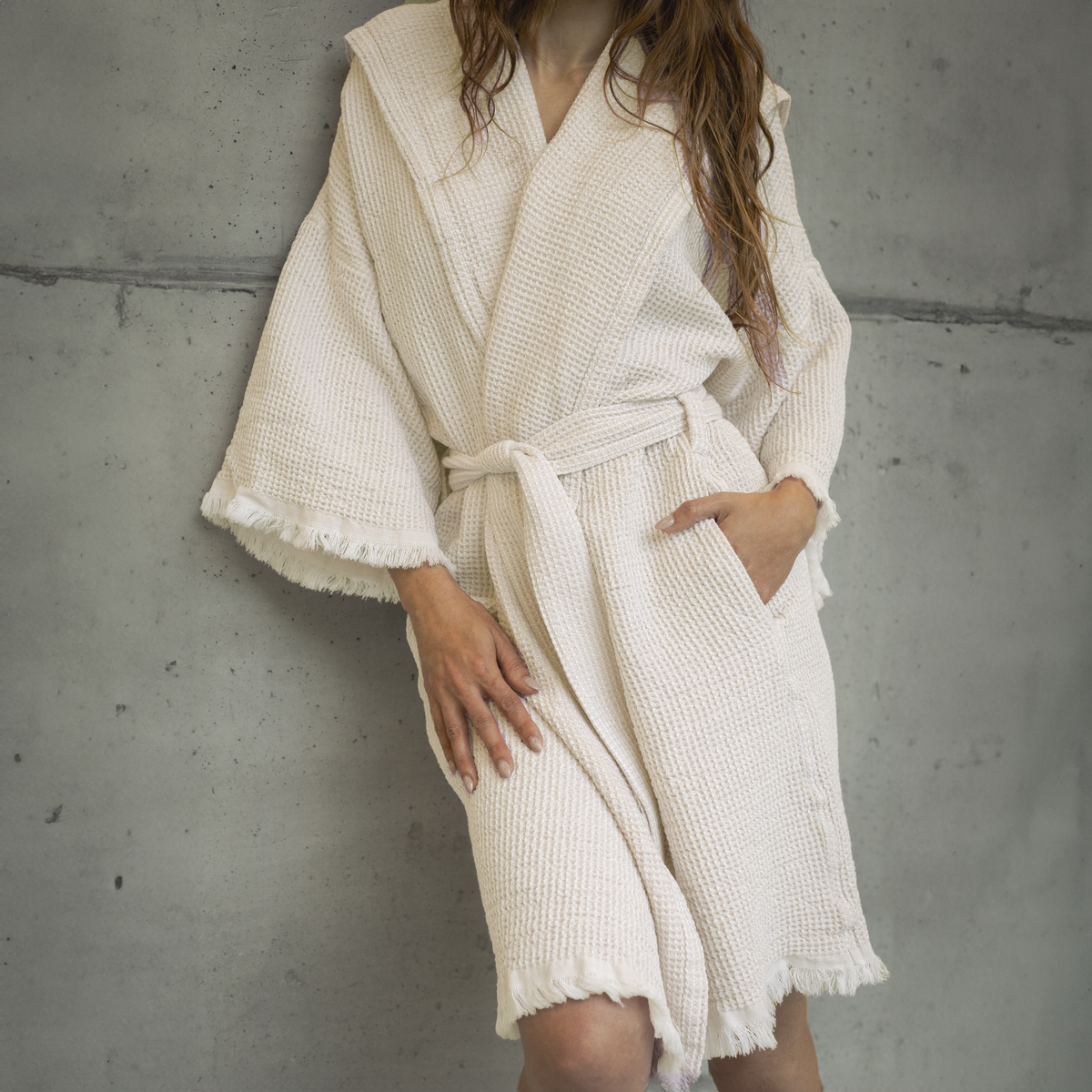 Lifestyle Closeup of Abyss Bees Bath Robe in Linen Color