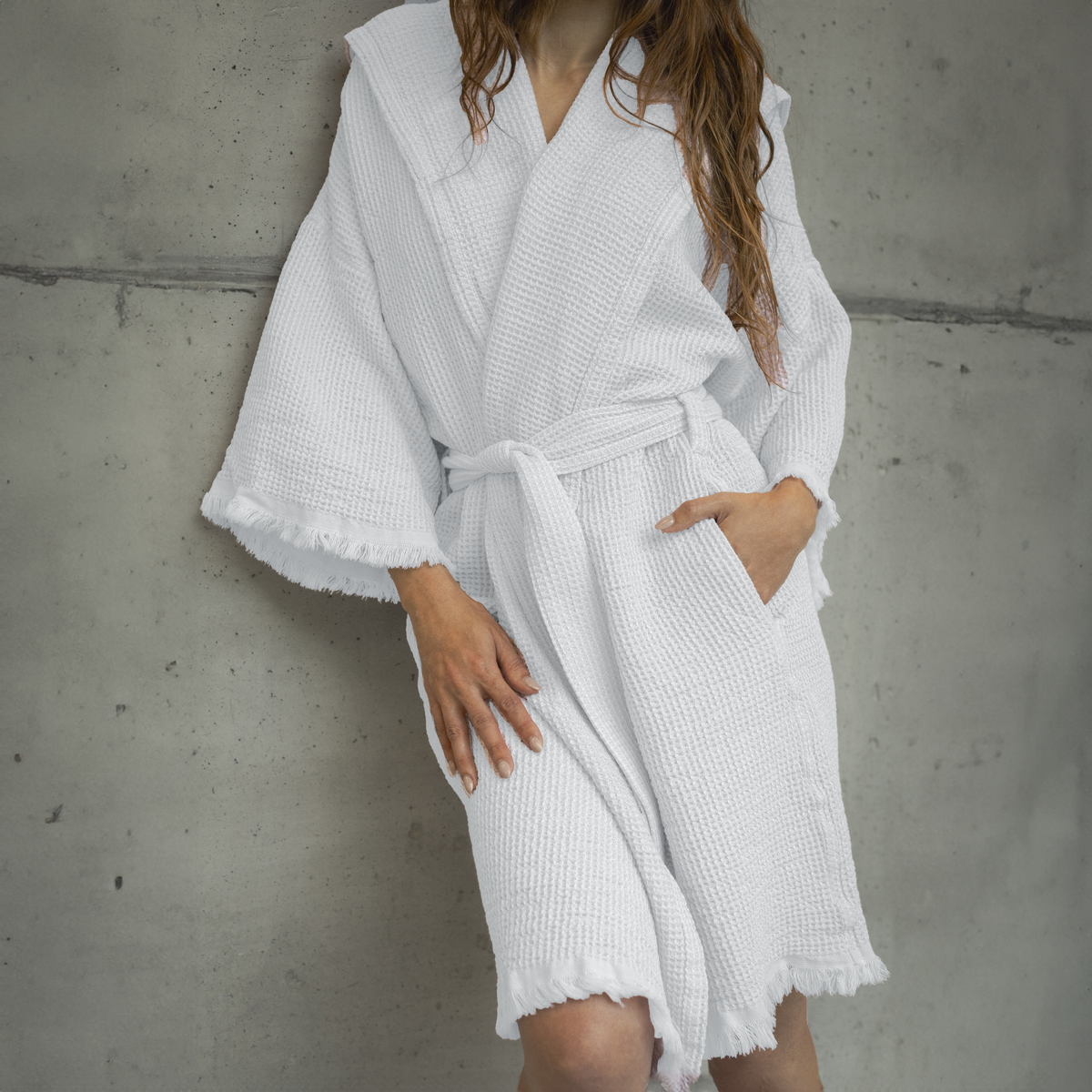 Lifestyle Closeup of Abyss Bees Bath Robe in Platinum Color