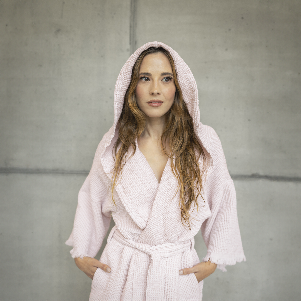 Portrait of Model Wearing an Abyss Bees Bath Robe in Primrose Color