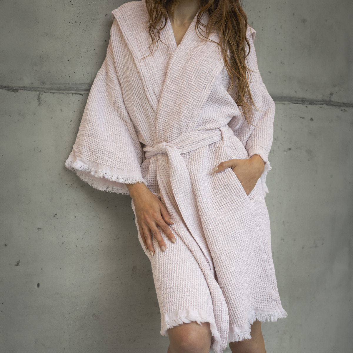 Lifestyle Closeup of Abyss Bees Bath Robe in Primrose Color