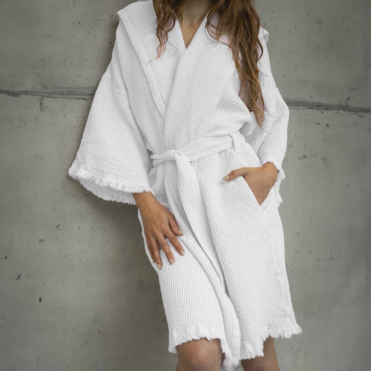 Lifestyle Closeup of Abyss Bees Bath Robe in White Color